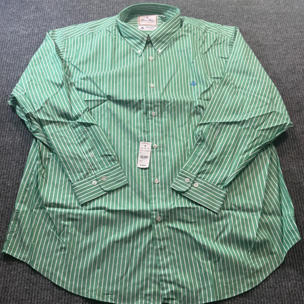 Brooks Brothers Button Down Men XXL Green Stripe Madison Fit Thomas Mason NWT